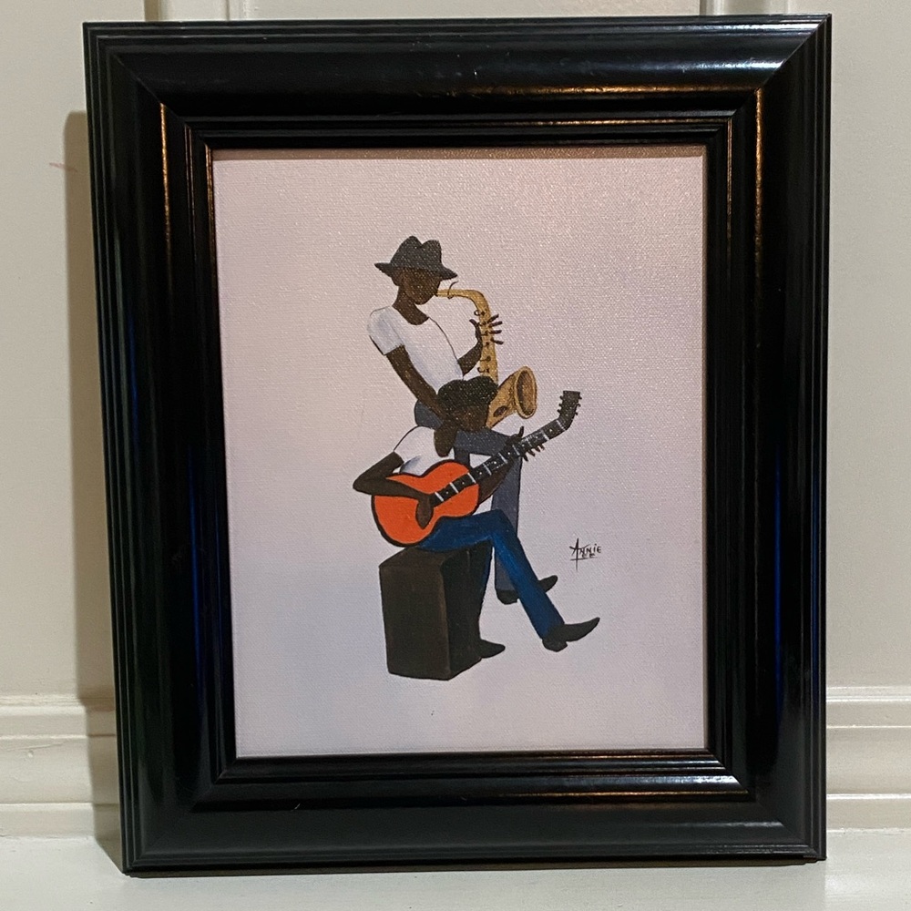 Annie Lee Framed Canvas  Lithograph Certified Jazz  Musicians Saxophone Guitar